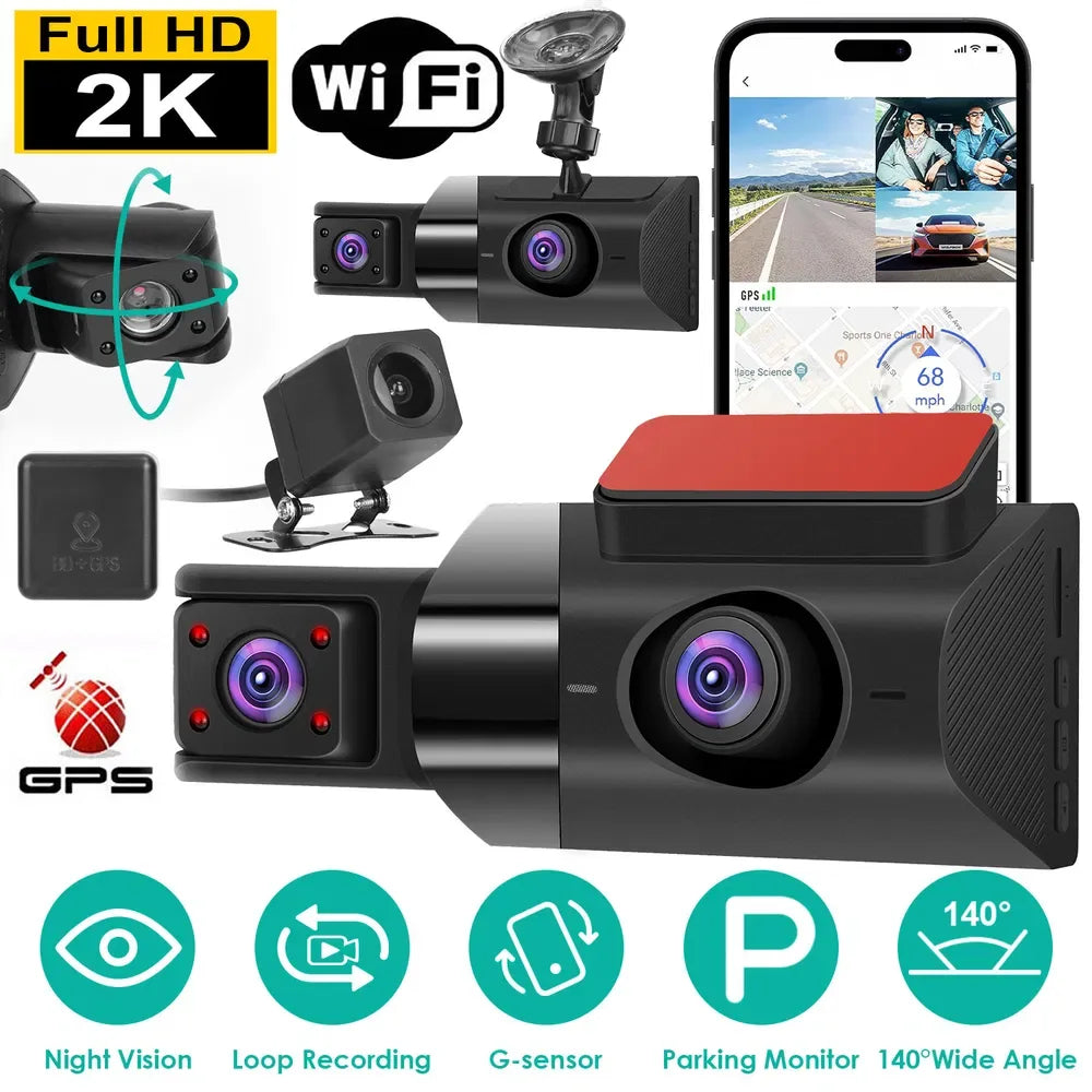 2K Car DVR 3 Channel Dash Cam Camcorder Camera Recorder With 140° Angle GPS WiFi Night Vision G-sensor Loop Recording Parking Monitor - THE MILE MAKER DRIVER SHOP