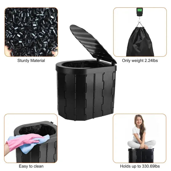 Foldable Emergency Toilet Portable Porta Potty For Car Travel Camping Boating Hiking Cleanable Travel Commode With Lid Carry Bag 1 Roll Garbage Bags - THE MILE MAKER DRIVER SHOP