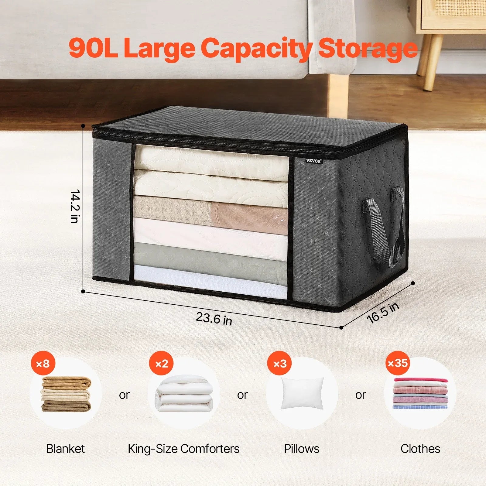 90L Large Storage Bags, 6 Pack Clothes Storage Bin, Foldable Closet Organizers Containers With Handle, Nov-woven Fabric Storage Bag For Clothing, Blanket, Comforter, Bed Sheet, Pillow Grey - THE MILE MAKER DRIVER SHOP