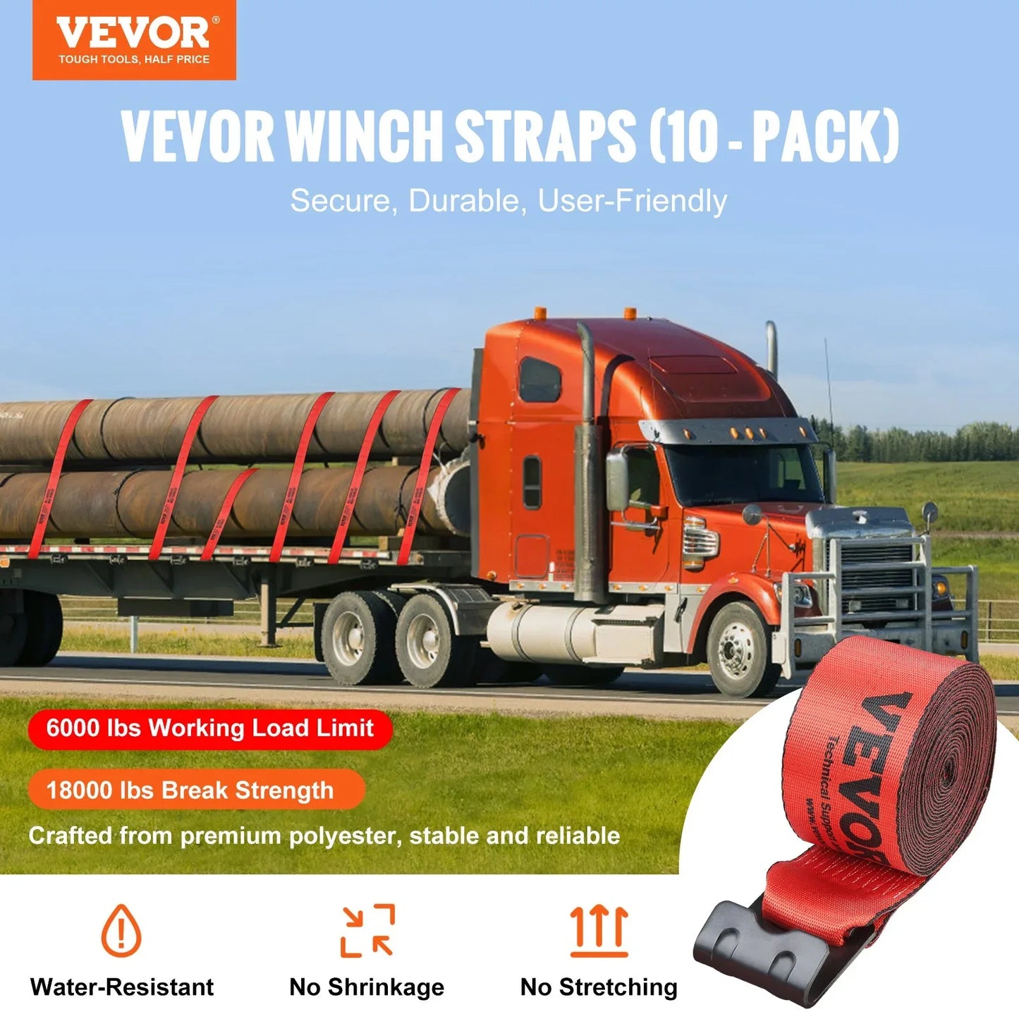 Winch Straps, 4' X 30', 6000 Lbs Load Capacity, 18000 Lbs Breaking Strength, Truck Straps With Flat Hook, Flatbed Tie Downs Cargo Control For Trailers, Farms, Rescues, Tree Saver, Red (10 Pack) - THE MILE MAKER DRIVER SHOP