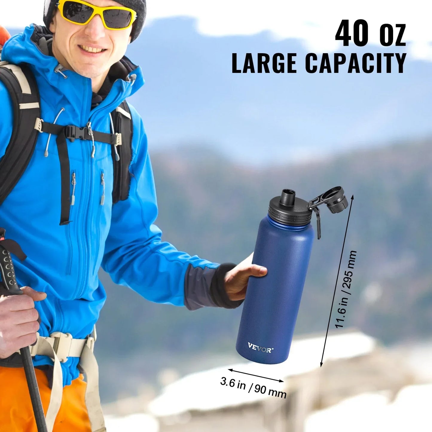 40 Oz Insulated Water Bottle Stainless Steel With Wide Mouth Lid Blue - THE MILE MAKER DRIVER SHOP
