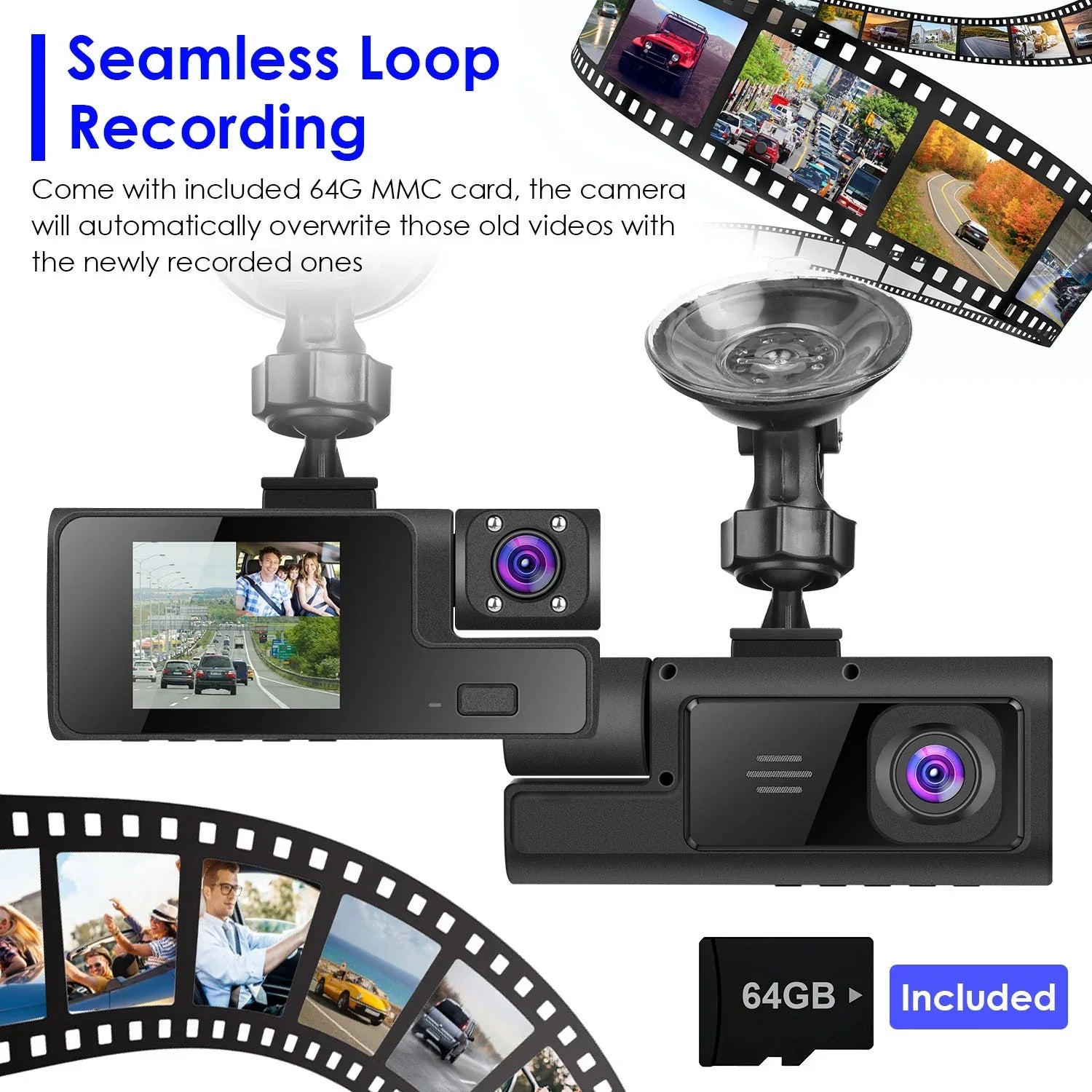 1Pc WiFi FHD 1080P Car Dash Cam 3 Channels Front Rear Inside Dash Camera With Loop Recording Reversing Visual 170 Degree Wide Angle 64G Card Included - THE MILE MAKER DRIVER SHOP
