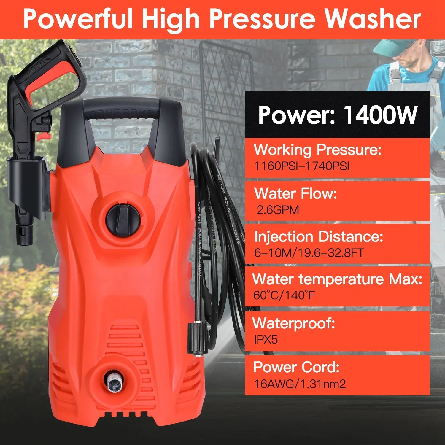 1Pc Electric High Pressure Washer 1740PSI Powerful Car Washer Pressure Cleaner With Adjustable Spray Nozzle Soap Dispenser IPX5 Waterproof For Patio Garden Driveway - THE MILE MAKER DRIVER SHOP