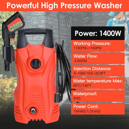 1Pc Electric High Pressure Washer 1740PSI Powerful Car Washer Pressure Cleaner With Adjustable Spray Nozzle Soap Dispenser IPX5 Waterproof For Patio Garden Driveway - THE MILE MAKER DRIVER SHOP